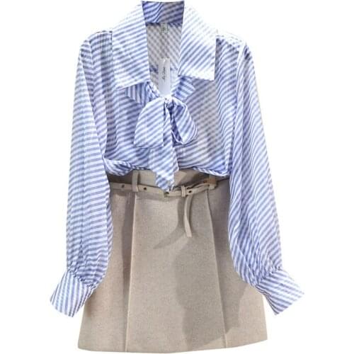 Striped Shirt for Woman 2021 Spring New Loose Puff Sleeve Bow Ribbon Lapel Collar Blouse Office Lady Tops