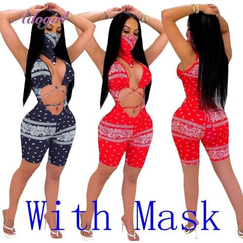 Sexy Women Printed Bandage Hollow Out Exposed Navel Sleeveless Playsuit Short Jumpsuits with Mask