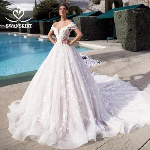 SwanSarah Sweetheart Ball Gown Wedding Dress Off The Shoulder Beaded Appliques 3D Flowers Princess Bride Vestido De Noiva K175