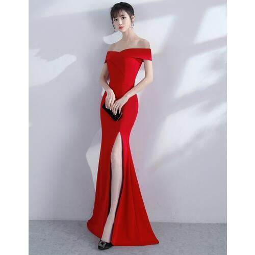 Corzzet Vintage Sexy Red Strapless Slash Neck Off-shoudler Split Dress Elegant Formal Mermaid Evening Party Dresses Vestido