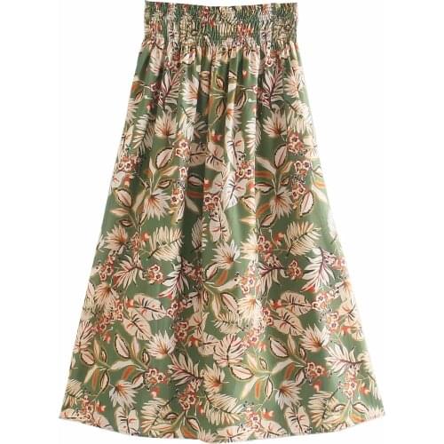 Za Women 2021 Chic Fashion Vintage Printting Office Wear Midi Skirt Elastic High Waist Slit Female Holiday Skirts
