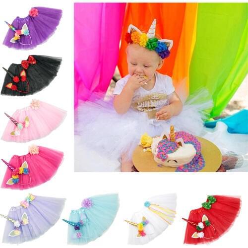 Baby Girls Floral Tutu Skirt Infants Princess Tulle Skirts With Unicorn Flower Headband Party Newborn Photography Props Photo