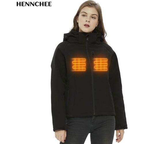 Women Heated Jackets Full Zipper Black Hooded Slimming Coats with Pocket Winter Outdoor Warm Heating Jacket Waterproof Outerwear