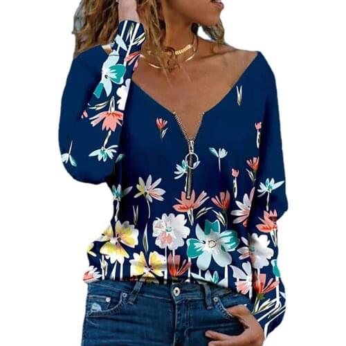 New Autumn Women V Neck Zipper Floral Print Long Sleeve T-shirts Casual Loose Fashion Plus Size 2021 Elegant Pullover Shirt Tops