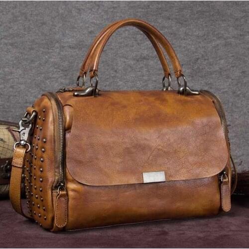 Retro Genuine Leather Women Handbag Shoulder Messenger Bags Ladies Crossbody Bag Rivet Cowhide Leather 2020 New Fashion Female