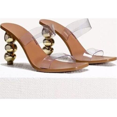 Women sandals PU Slip On 8CM Thick heel High heels Square Toe Shallow women shoes sandalias mujer 2020 size 35-42 Beige