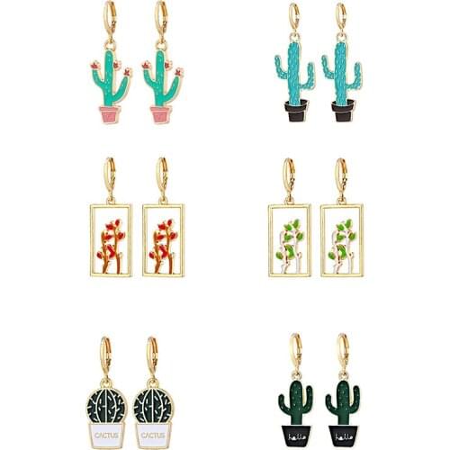 1Pair New Vintage Enamel Cactus Plant Earrings For Women Bohemia Colorful Alloy Hollow Square Leaves Hoop Earrings Jewelry E760