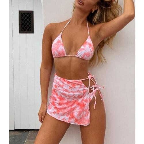2021 Summer Women Tie Dye Print 3 Piece Swimsuit Sets Halter Bikini Set with Wrap Skirts Fashion Femme Swim Bathing Biquini