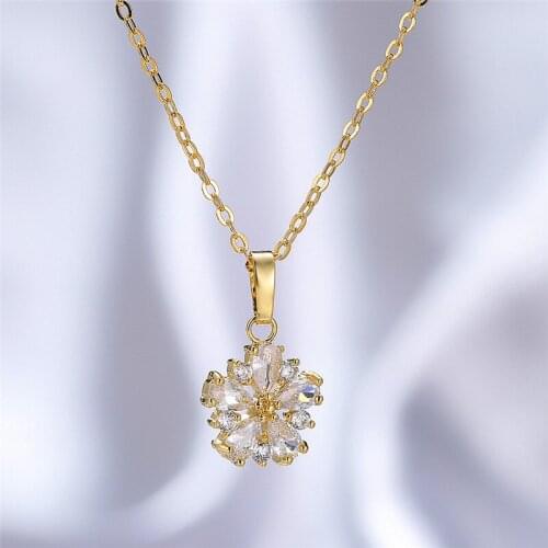 Charm Female Crystal Pendant Necklace Dainty rose gold color Chain Necklaces For Women White Zirconia Flower Wedding Necklace
