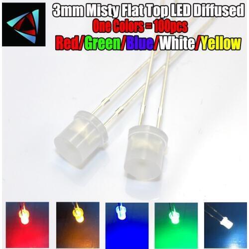 100pcs 3mm 2pins Misty Flat Top LED Diffused White Red Yellow Blue Green Wide Angle light emitting diode lamp