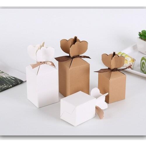 20pcs White Kraft Paper Box With Ribbon Wedding Candy Box Birthday Party Baby Show Gift Packaging Box Supplies
