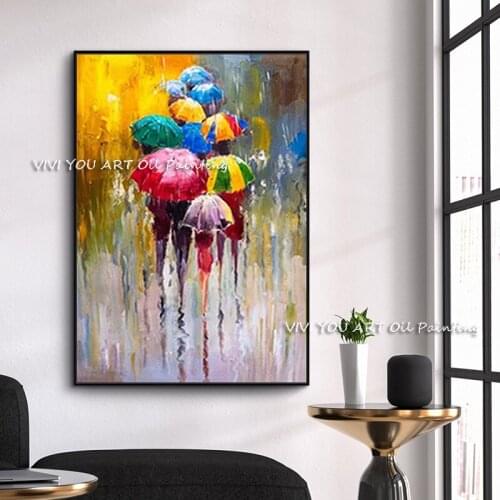 2020 Hand Painted Oil Painting On Canvas Abstract People In the Rain With Colorful Umbrellas Wedding Decoration Home Wall Gifts