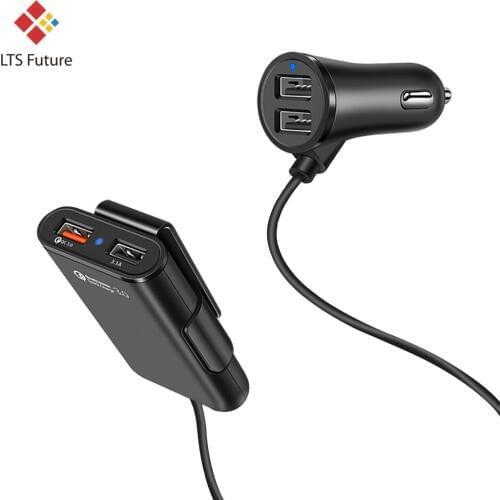 Long Cable Backseat Car Phone Charger Multi USB Extension Adapter Rear Back Seat Auto Vehicle Multiple Port QC 3.0 Quick Charger