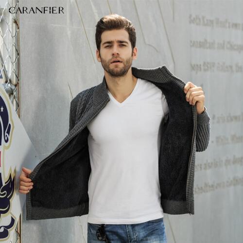 CARANFIER Velvet Zipper Brand Sweaters Men Knitted Cardigan Slim Fit Clothes Solid Ribbed Bottom Sweater Knitwear Coats 3XL