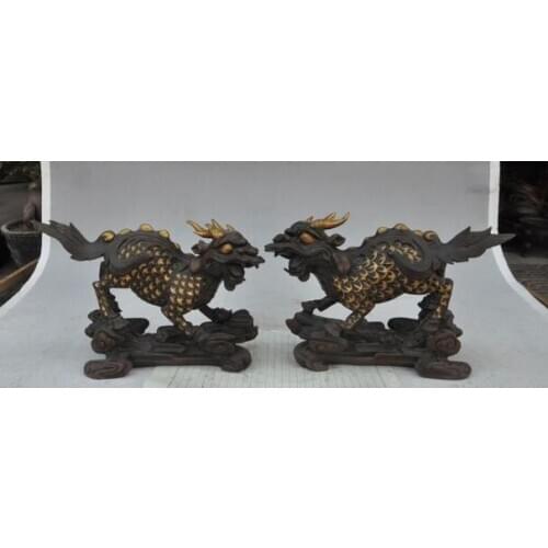 Free shipping S02124 10"china fengshui bronze gilt evil spirit Kirin Unicorn Kylin beast statue pair