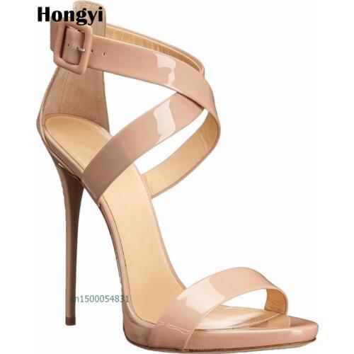 Hongyi Concise Nude Bright Shiny Leather High Heels Sandals Women Ankle Strap Summer Dress Shoes Woman Open Toe Sandals