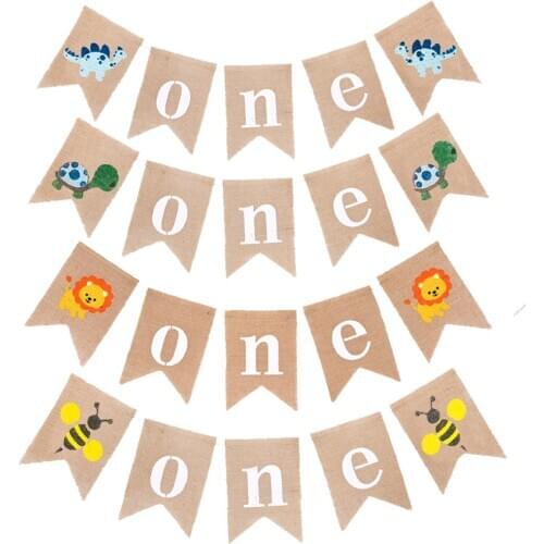 Jungle Dinosaur Lion Fox Tortoise Bee Theme Baby First Birthday Banner ONE Year 1st Birthday Party Decoration Nursery Garland