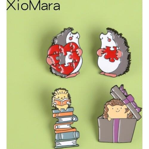 Cartoon Hedgehog Enamel Pins Reading Book Gift Box Heart Jigsaw Puzzle Animals Lapel Pins Brooches Pins For Backpack Hats