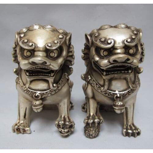 Exquisite China Tibet silver carved beautiful two lion statues