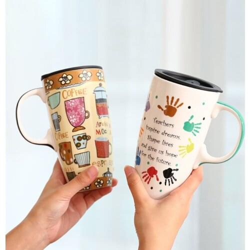 Creative Coffee Cartoon Mugs with Lid Ceramic Mug Drinking Cup Large Capacity Household Juice Fruit Couple Gift Milk Tea Cups