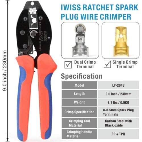 LY-2048 Ratchet Spark Plug Plier Crimping Tool 8.5mm IWISS Wire Crimper for Spark Plug Ignition Wire and Terminals Dia. 8.5mm