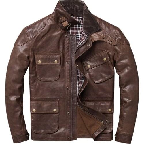Mens Genuine Natural Sheepskin Vintage Short Leather Jacket Slim-fit Motorcycle Suit Sheepskin Jacket Coat Autumn/Winter L XL