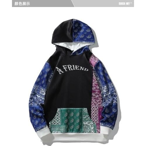 Mens European and American Street Sweater Tide Brand Cashew Flower Print Fashion Straight Casual Hip Hop Hoodie Large Size