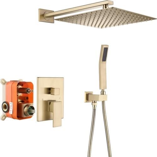Brushed Gold Shower Faucets Set Bathroom Wall Mounted Shower System Embedded Box Shower Mixer Tap Rainfall Shower Faucet 8-12"