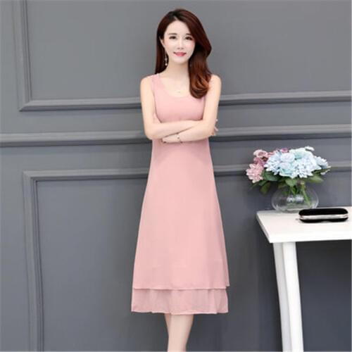 Plus 5XL2019 New Womens Chiffon Dress Summer 2019 Fashion All-match Solid Lacos Sleeveless Tank Dress Loose Long dress Female