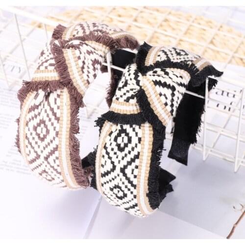 Korea Fabric Tie Knot Hairbands Tassel Weaving Geometric Print Hairband Crown Headbands For Girls Hair Bows Hair Accessories