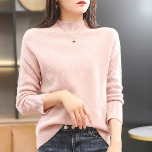 Self-retained 100% pure wool pullover womens short half high neck fashion loose knit