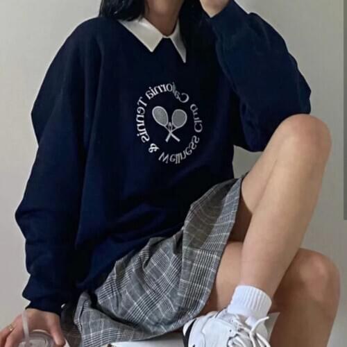 Letter Embroidery Vintage Sweatshirt Women Autumn Casual Long Sleeeve Loose Hoodie Women White Cotton Streetwear Sweatshirts