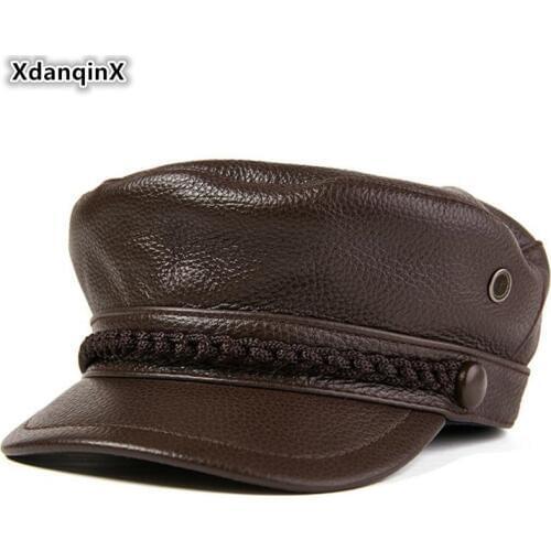 XdanqinX Mens Flat Cap Cowhide Army Military Hats Genuine Leather Hat Autumn Youth Student Tongue Cap Elegant Women Leather Hat