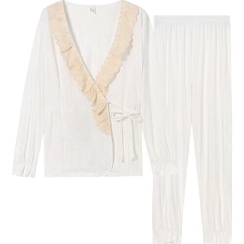 100% Cotton Women Kimono Pajamas Set Long Pants 2 Piece/Set Sexy Pyjama Winter Sleepwear Big Size Casual Sweet Lace Pyjamas