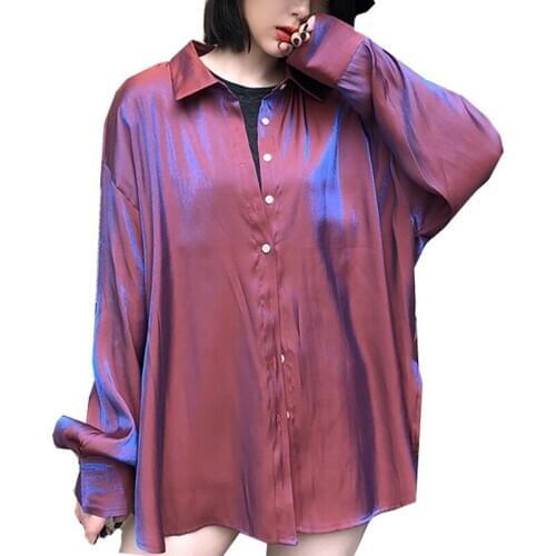 Spring Summer Reflective Blouse Women Long Sleeve Turndown Collar Shirts Oversized Plus Size Casual Tops Blouses Tunic Ladies