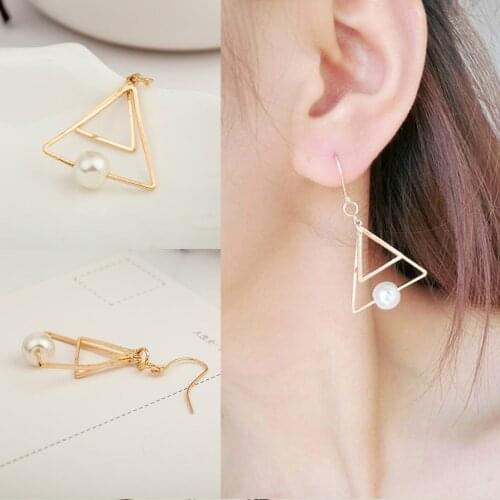 Double Triangle Imitation Pearl Drop Earrings Vintage Gold Silver Color Earrings For Women Brincos Metal Earing Jewelry Kolczyki