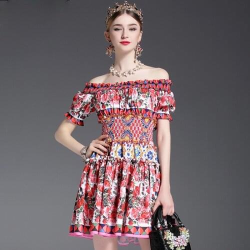 New Fashion 2017 Runway Designer Summer Dress Womens Off the Shoulder Slash neck Charming Sexy Rose Floral Printed Short Dress