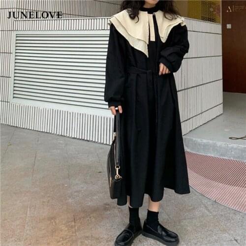 JuneLove Lantern Long Sleeve Dress Vintage Woman 2021 Autumn Fashionable Waist Irregular Lapel Ruffles Loose Black Dress Vestido