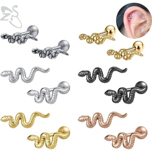 ZS 1 Pair Punk Snake Shape 316L Stainless Steel Stud Earring Animal Ear Helix Conch Cartilage Piercings 4 Colors Vintage Jewelry