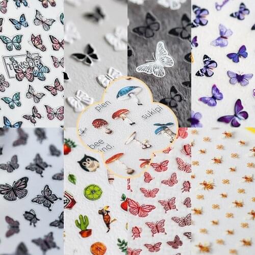 1 Pc 3D Embossed Bee Bird Butterfly Nail Stickers Black Hollow Nail Art Decals Cactus Leaf Plant Pattern Manicure Decoration