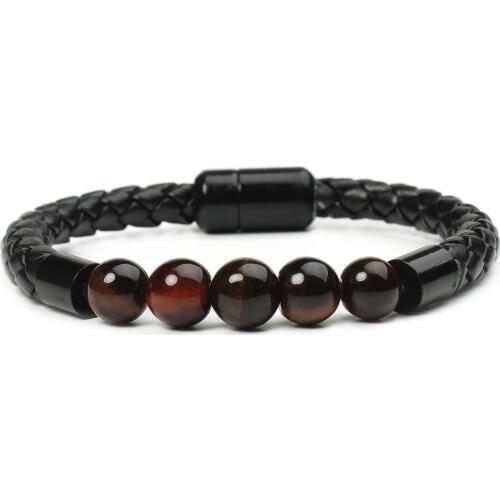 Five Natural Stone Magnetic Clasp Mens Handmade Braided Genuine Black Color Leather Bracelets Gift For Lovers