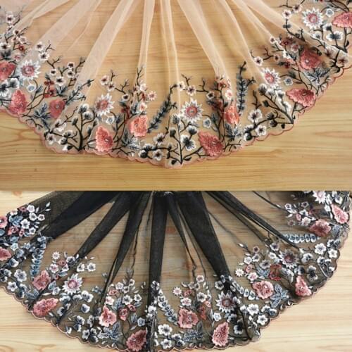 2Y/Lot Peachy Pink，Black Flowers Mesh Embroidery Lace, Embroidered Tulle Floral Lace Trim Sewing Fabric Clothing Accessories