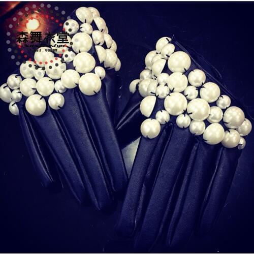 2016 Mens New Fashion Male Dj Ds Intensive Handmade Pearl Gem Half Leather Gloves Singer Costumes