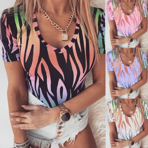 2021 Summer Womens Fashion Sexy V-neck Short-sleeved T-shirt Casual Color Contrast Printing Slim Pullover Tops T-shirt Femme