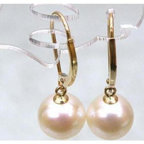 Free shipping>>>>noble jewelry Genuine AAA+++ 10-10.5mm Round White South Sea Pears Dangle Earring 14k Solid Gold