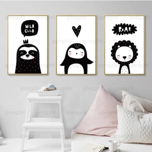 Black White Cartoon Cute Abstract Animal Wall Painting Tiger Penguin Modern Nordic Decoration Frameless Canvas Printing Poster