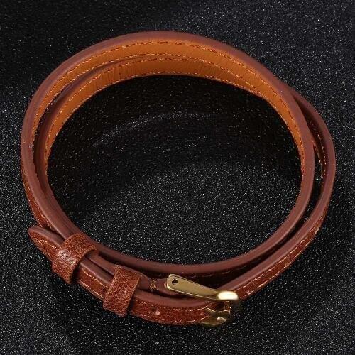 Length Adjustable Multilayer Brown Leather Women Bracelet Golden/RoseGold Alloy Buckle Men Wrist Band Fashion Gifts