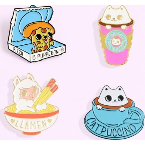 Animal Food Enamel Pins Coffee Cup Cat Alpaca Ramen Pizza Puppy Brooches For Women Men Cartoon Badge Lapel Pin Gift Wholesale