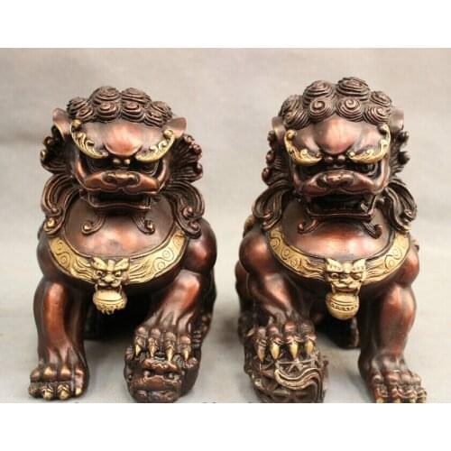 Song voge gem S2805 Folk Chinese Pure Bronze Animals Expel Evil Protect Lion Statue Pair Sculpture