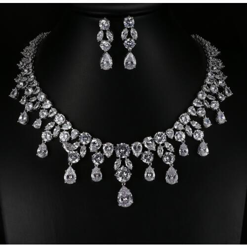 Beautiful Sparkling Water Drop Cubic Zirconia Full Jewelry Sets Women Bridal Gifts White Gold Color Earring Necklace Set S-001